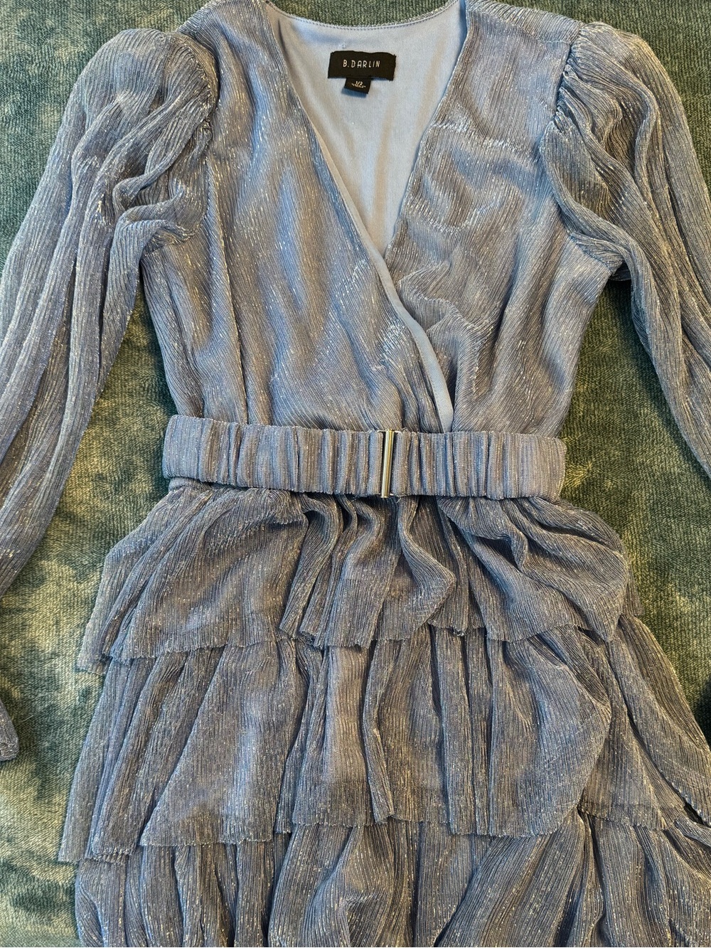 B Darlin Juniors' Metallic V-Neck Belted Tiered Dress